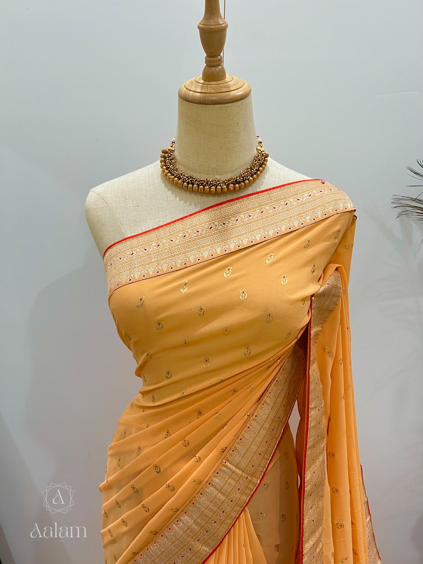 Georgette Foil Print Saree - Pale Orange with tint of Red