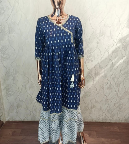 Angrakha Sharara Kurti Set - Indigo & White