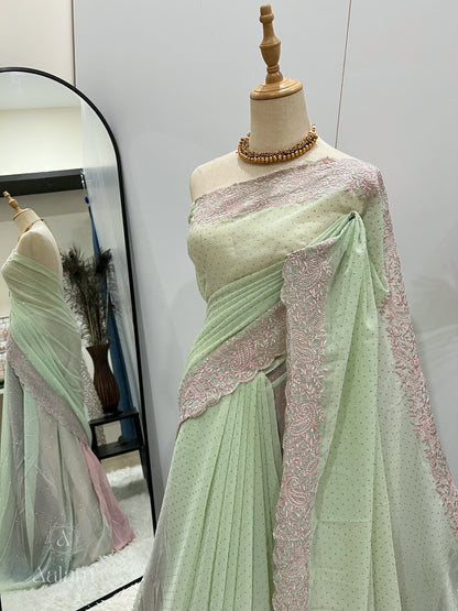 Georgette Embroidery Stone Saree - Mint & Pink