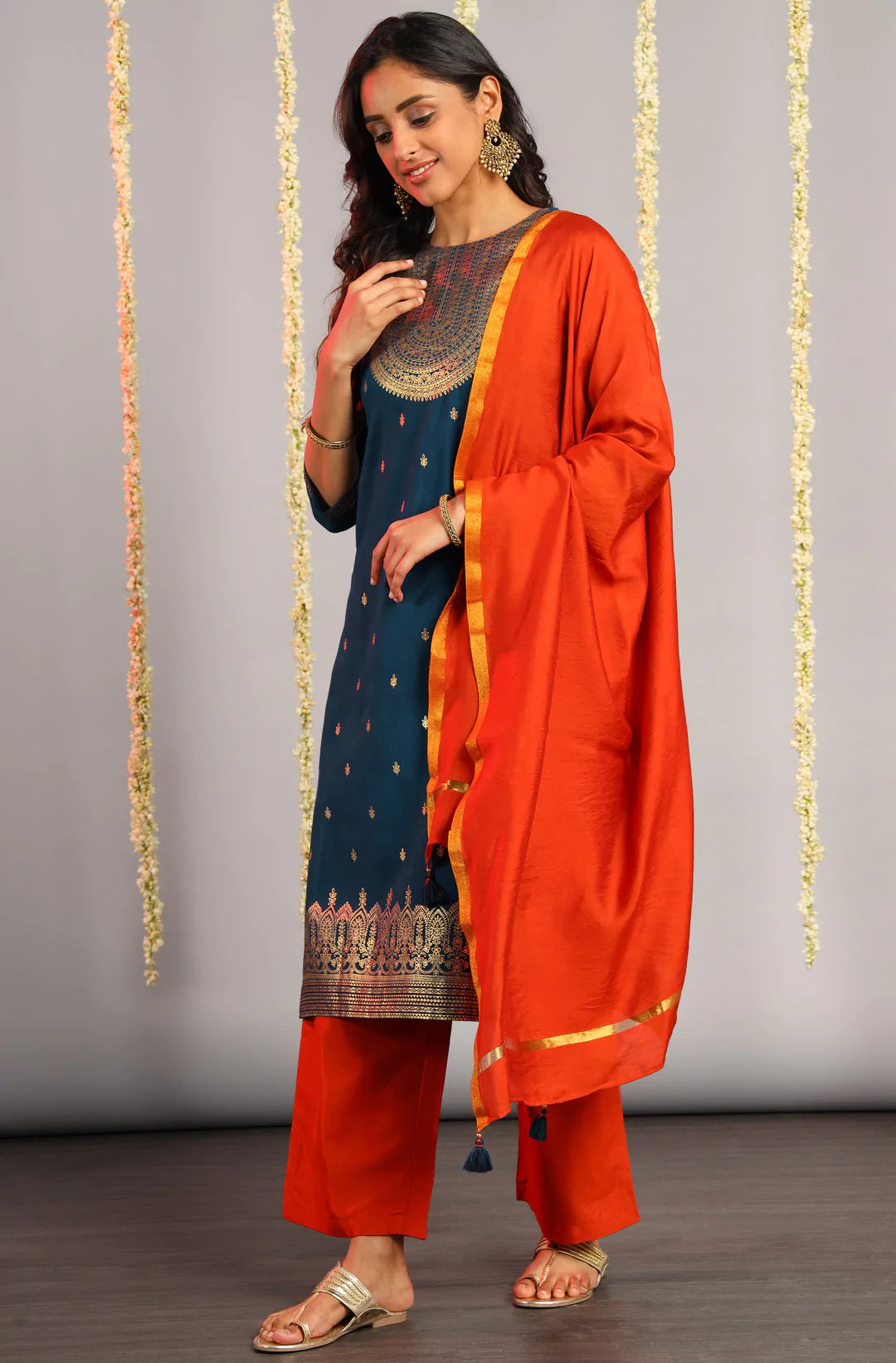 Blue Poly Silk Kurta With Palazzo & Orange Dupatta