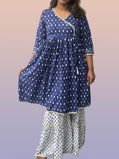 Angrakha Sharara Kurti Set - Indigo & White