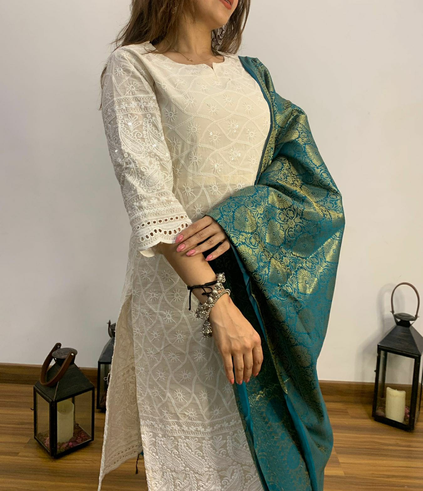 Ayla - Chikankari Kurta Set with Banarasi Silk Dupatta - Off-White & Turquoise