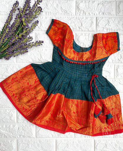 Sungudi Dress - Dark Teal & Orange Red