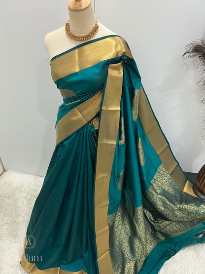 Soft Silk Gold Zari Mandala Saree - Teal