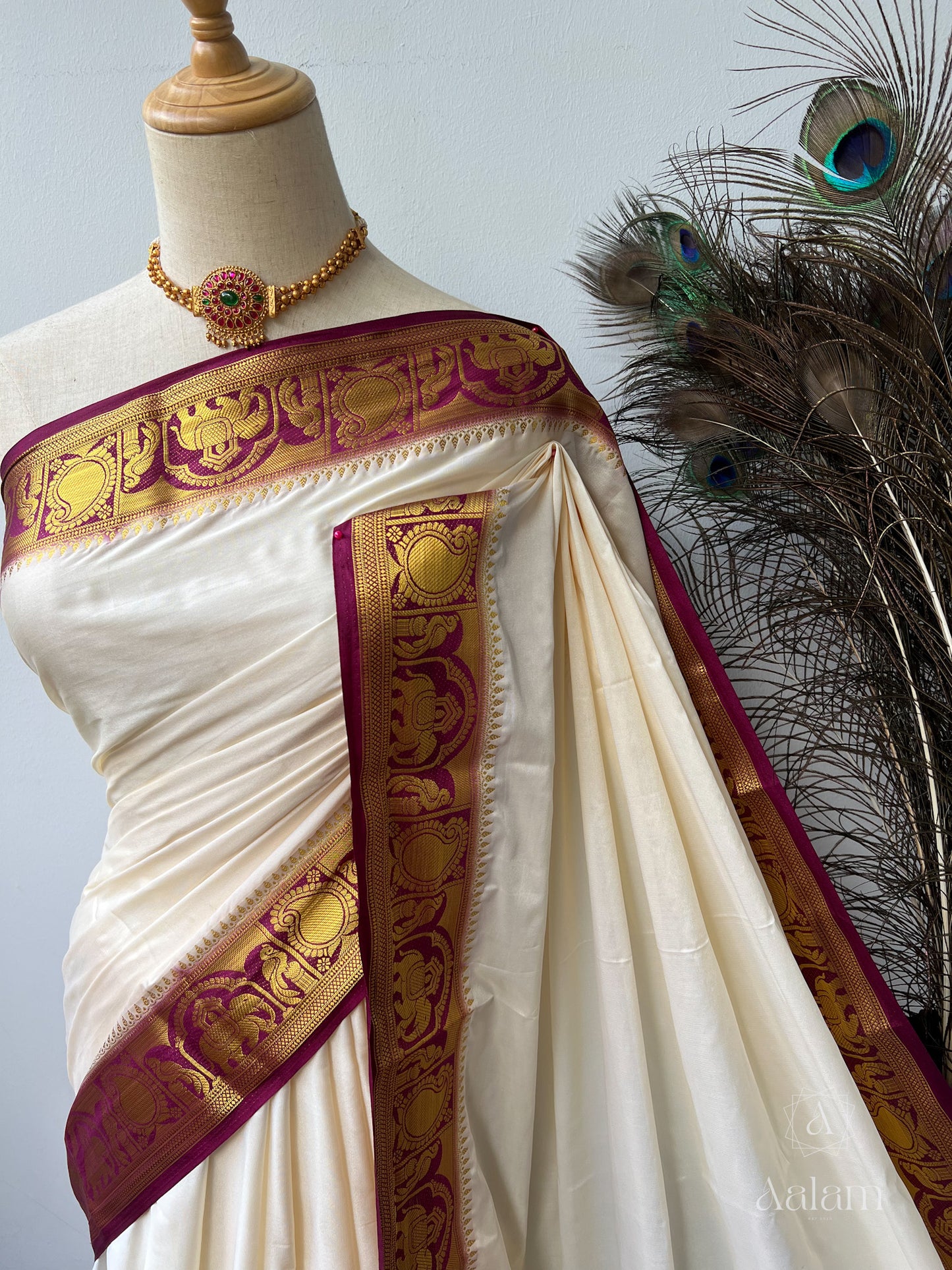 Soft Mysore Crepe Saree - Offwhite-Darkpurple