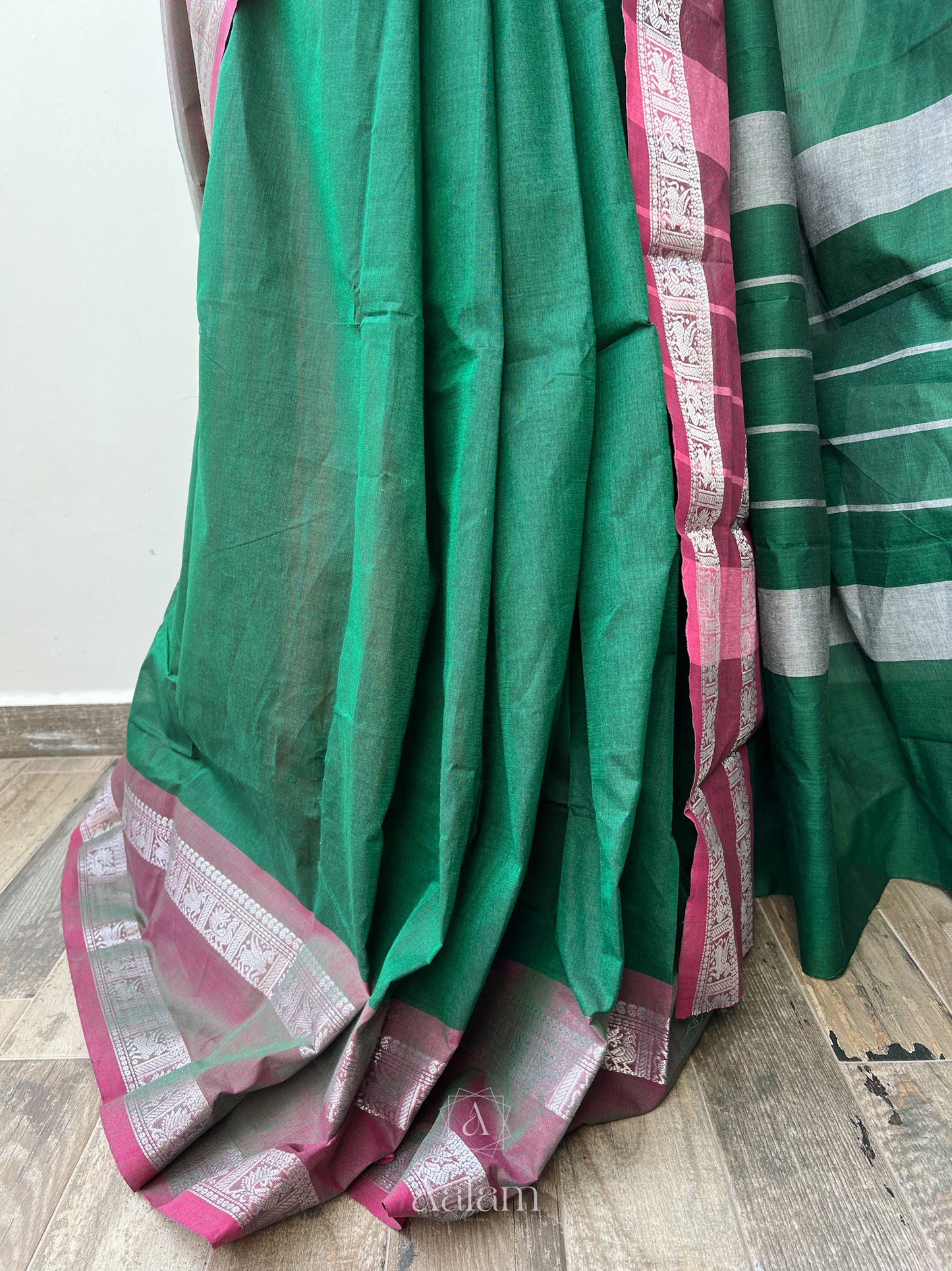 Cotton Saree - Bottle Green & Pink with Silver Zari