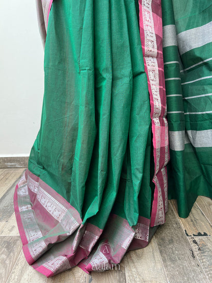 Cotton Saree - Bottle Green & Pink with Silver Zari