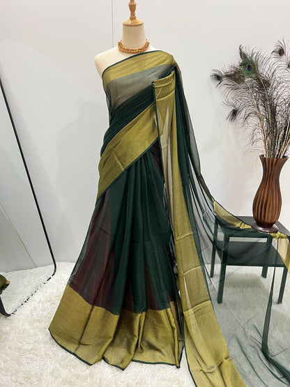 Chiffon Saree with Gold Border - Emerald Green