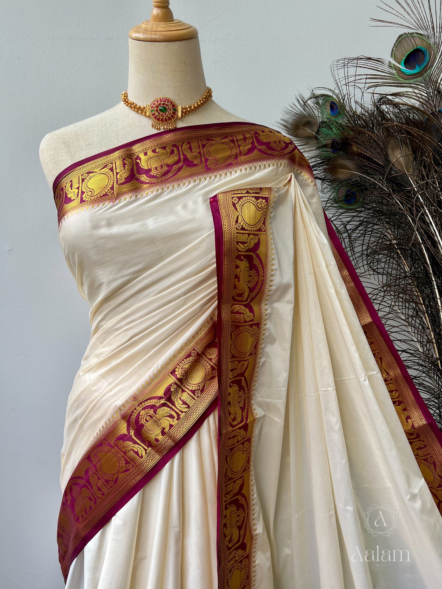 Soft Mysore Crepe Saree - Offwhite-Darkpurple