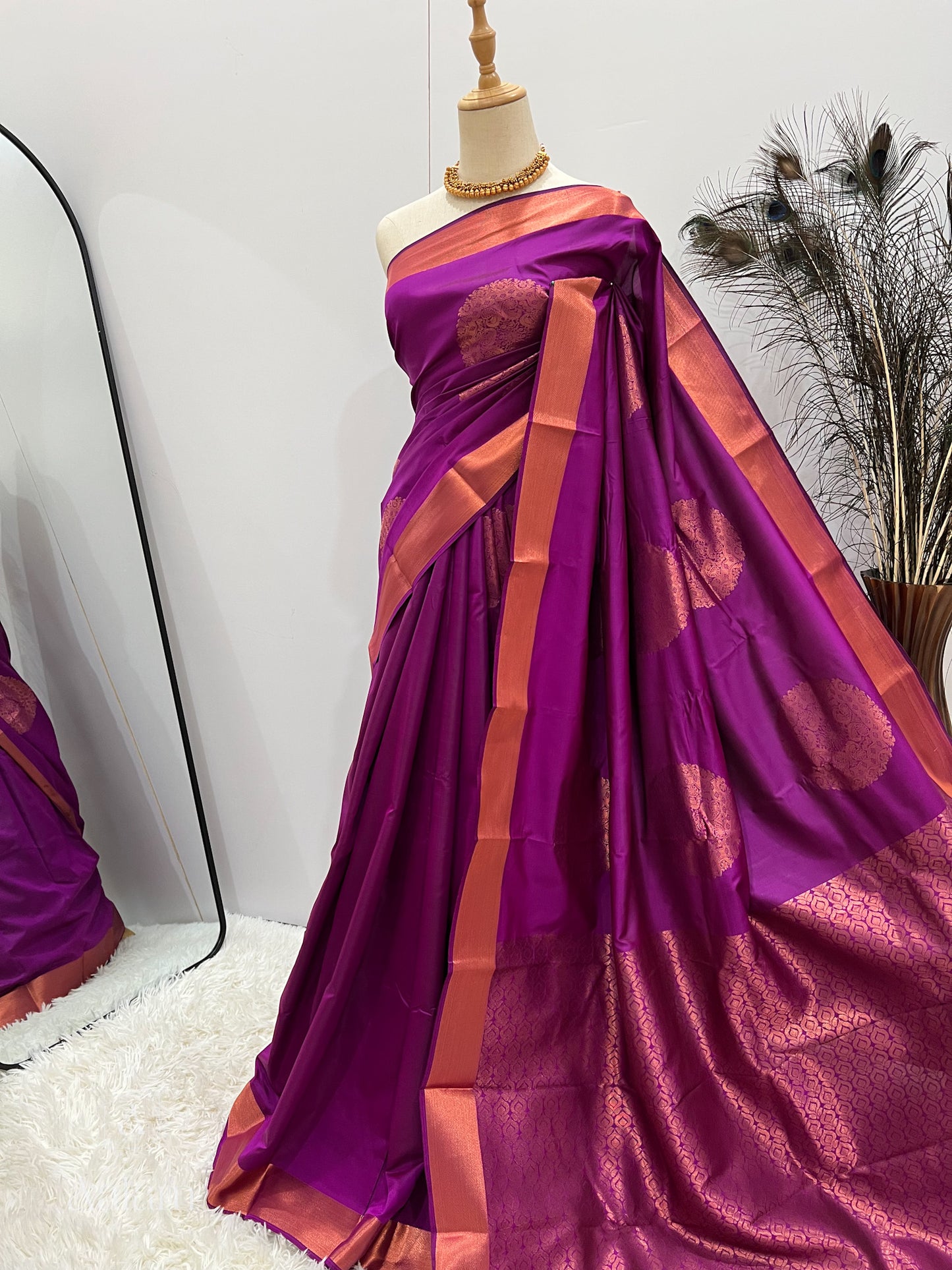 Soft Silk Copper Zari Mandala Saree - Purple Magenta