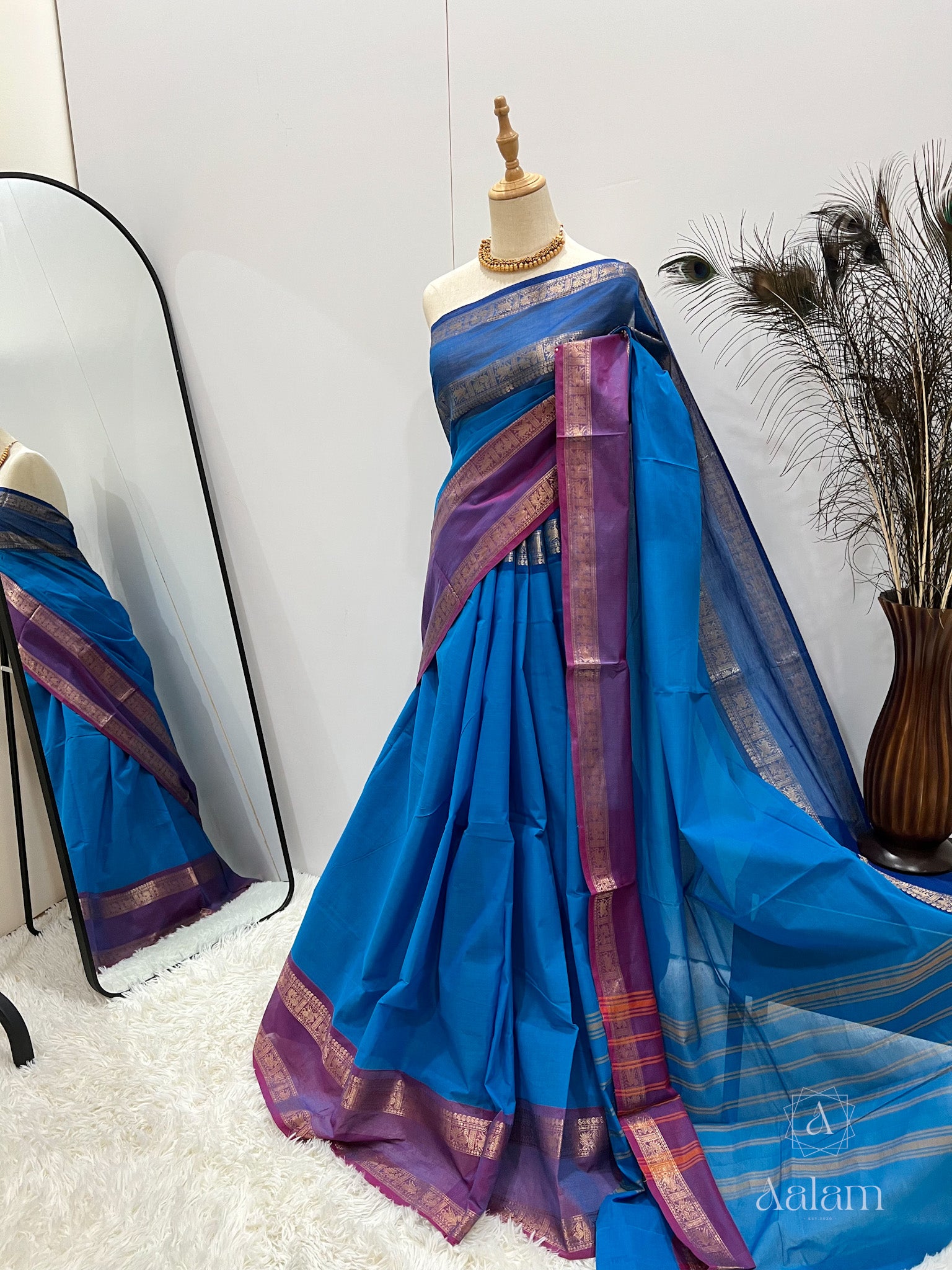 Kanchi Cotton Saree - Blue with Dark blue & Purple Ganga Jamuna Border