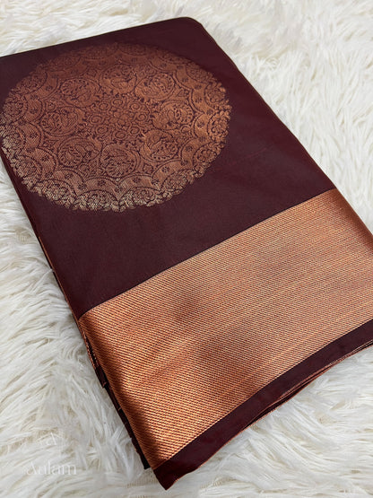 Soft Silk Copper Zari Mandala Saree - Brown