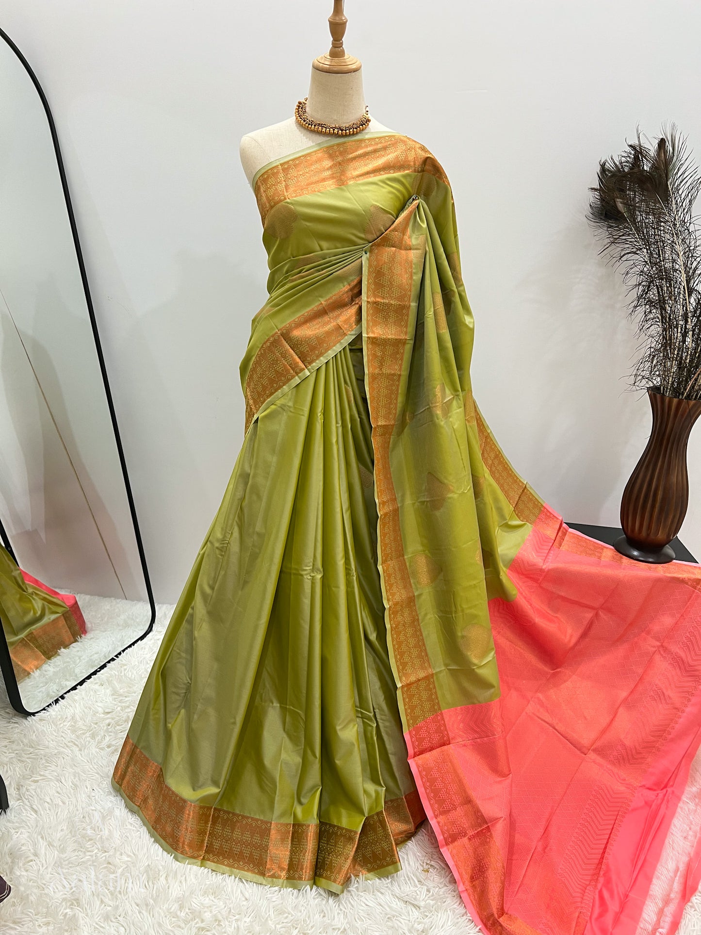 Soft Silk Dual Tone Saree Copper Zari- Sage & Pink