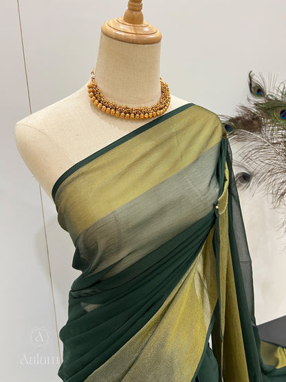 Chiffon Saree with Gold Border - Emerald Green