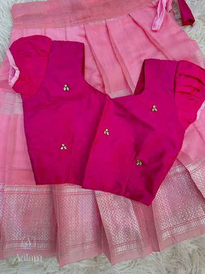 Silk Top with Banarasi Skirt - Magenta & Pink