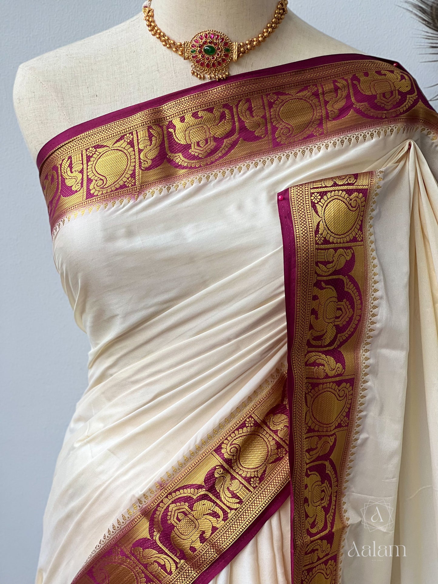 Soft Mysore Crepe Saree - Offwhite-Darkpurple