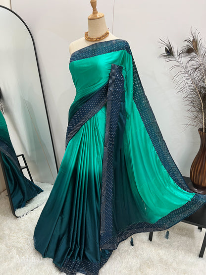 Ombré Satin Stone Saree - Green