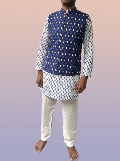 Pure Cotton Kurta Pyjama Set - Indigo & White (Men)