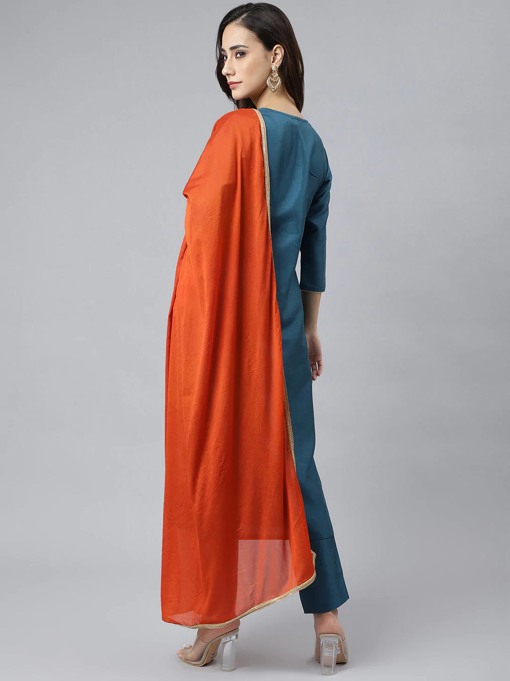Teal Poly Silk Kurta With Pant & Orange Dupatta