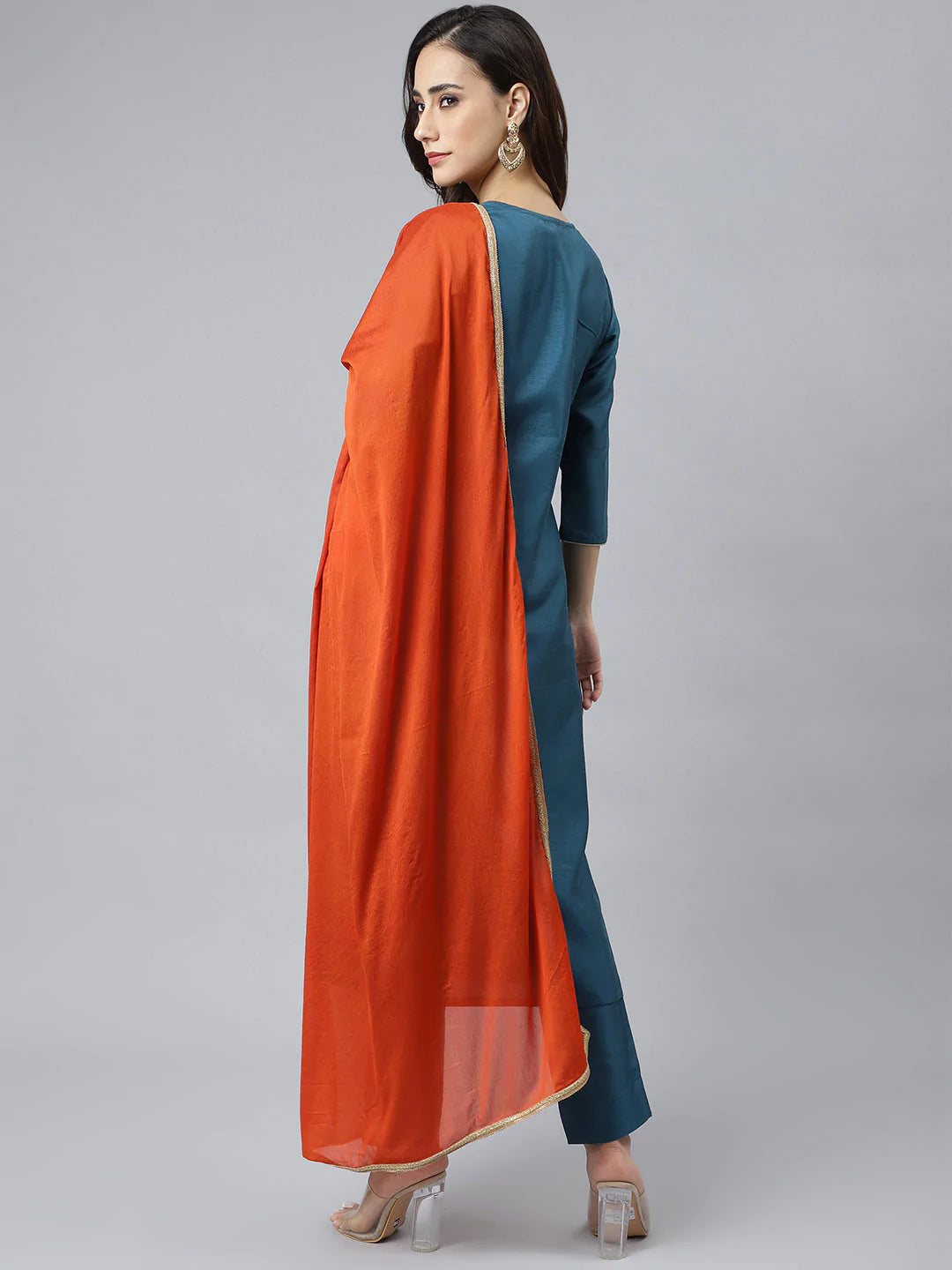 Teal Poly Silk Kurta With Pant & Orange Dupatta