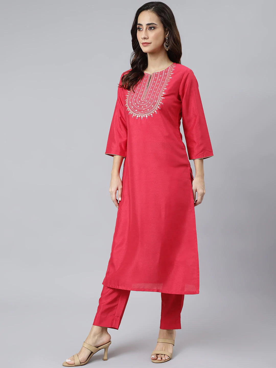 Pink Poly Silk Kurta With Pant & Yellow Dupatta