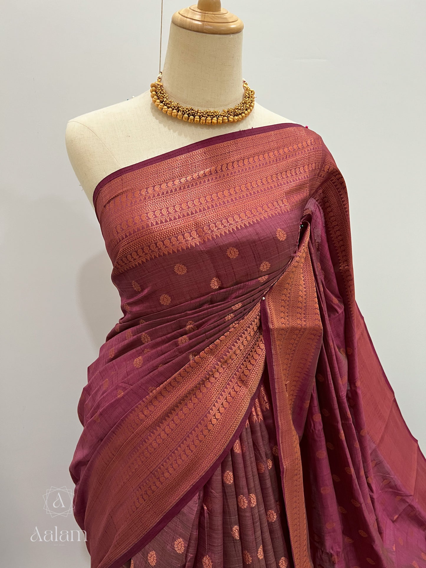 Soft Dupion Silk Copper Zari - Plum