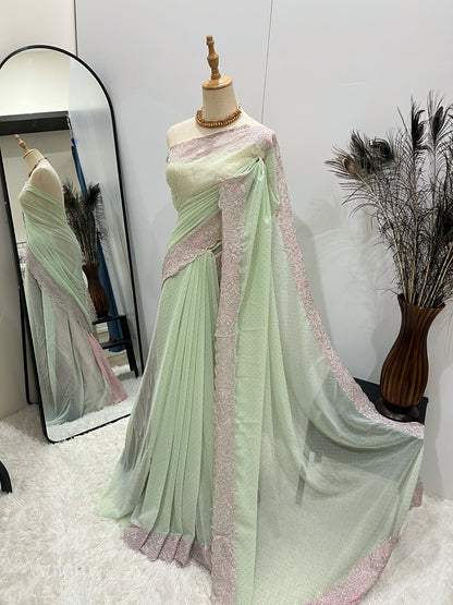 Georgette Embroidery Stone Saree - Mint & Pink