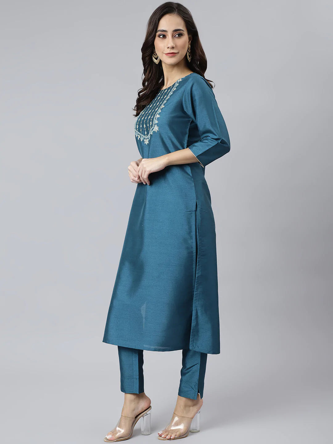 Teal Poly Silk Kurta With Pant & Orange Dupatta