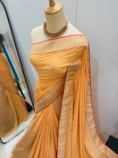 Georgette Foil Print Saree - Pale Orange with tint of Red