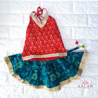 Halter Neck Top with Ethnic Skirt - Red/Green