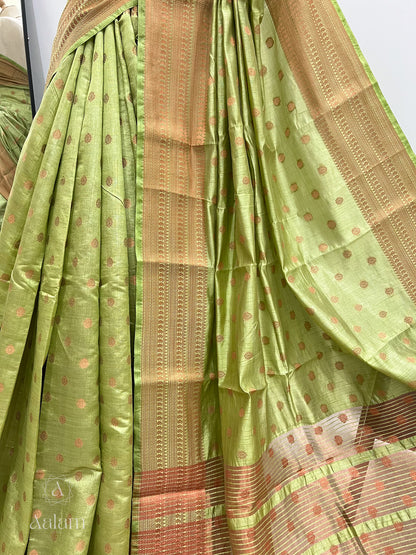 Soft Dupion Silk Copper Zari - Light Green