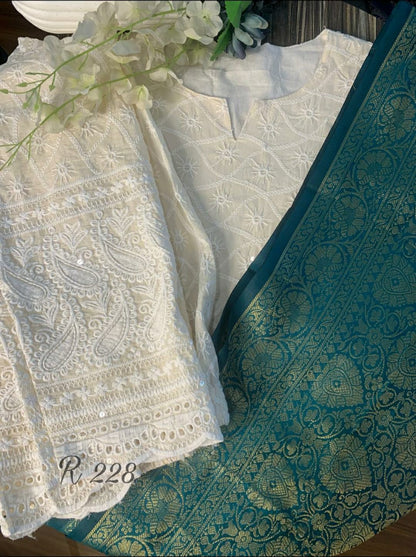 Ayla - Chikankari Kurta Set with Banarasi Silk Dupatta - Off-White & Turquoise