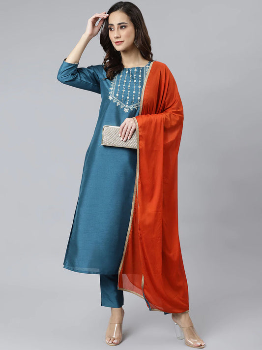 Teal Poly Silk Kurta With Pant & Orange Dupatta