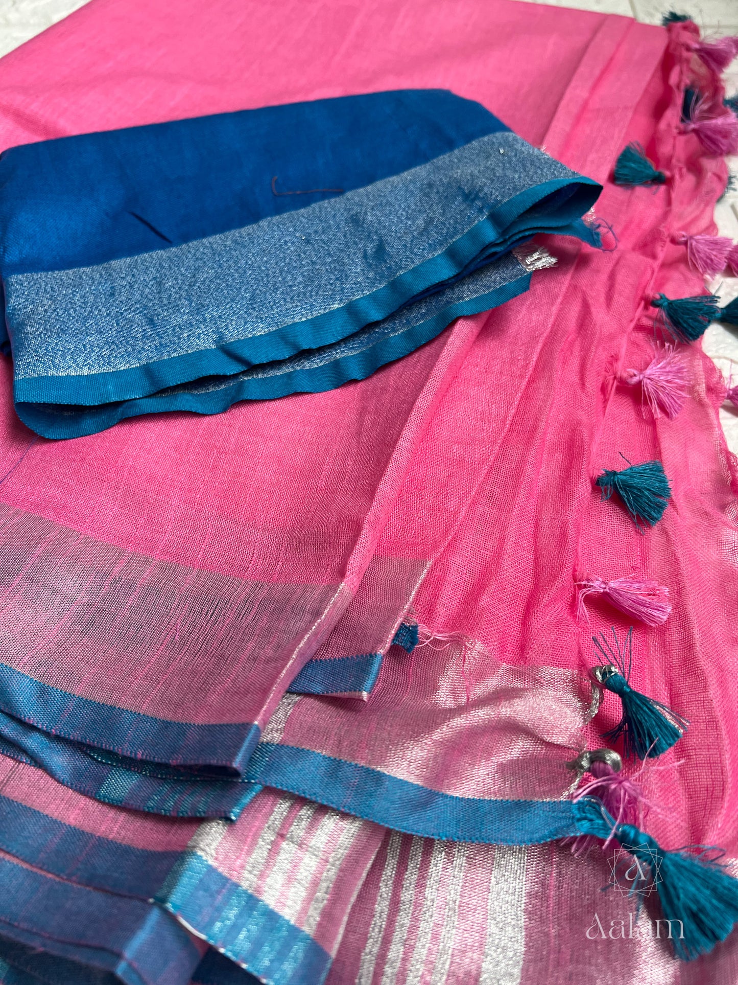 Linen Saree – Cotton Candy Pink & Sky blue