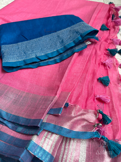 Linen Saree – Cotton Candy Pink & Sky blue