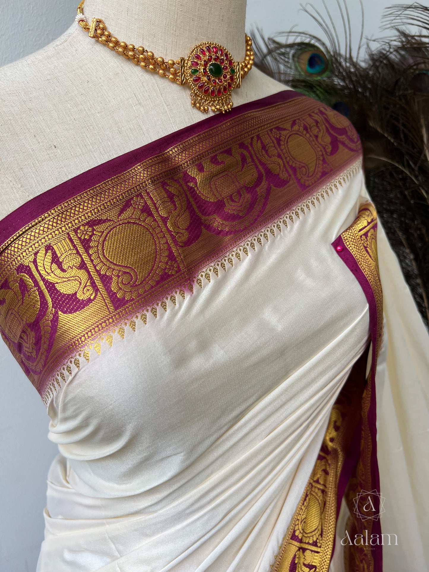 Soft Mysore Crepe Saree - Offwhite-Darkpurple