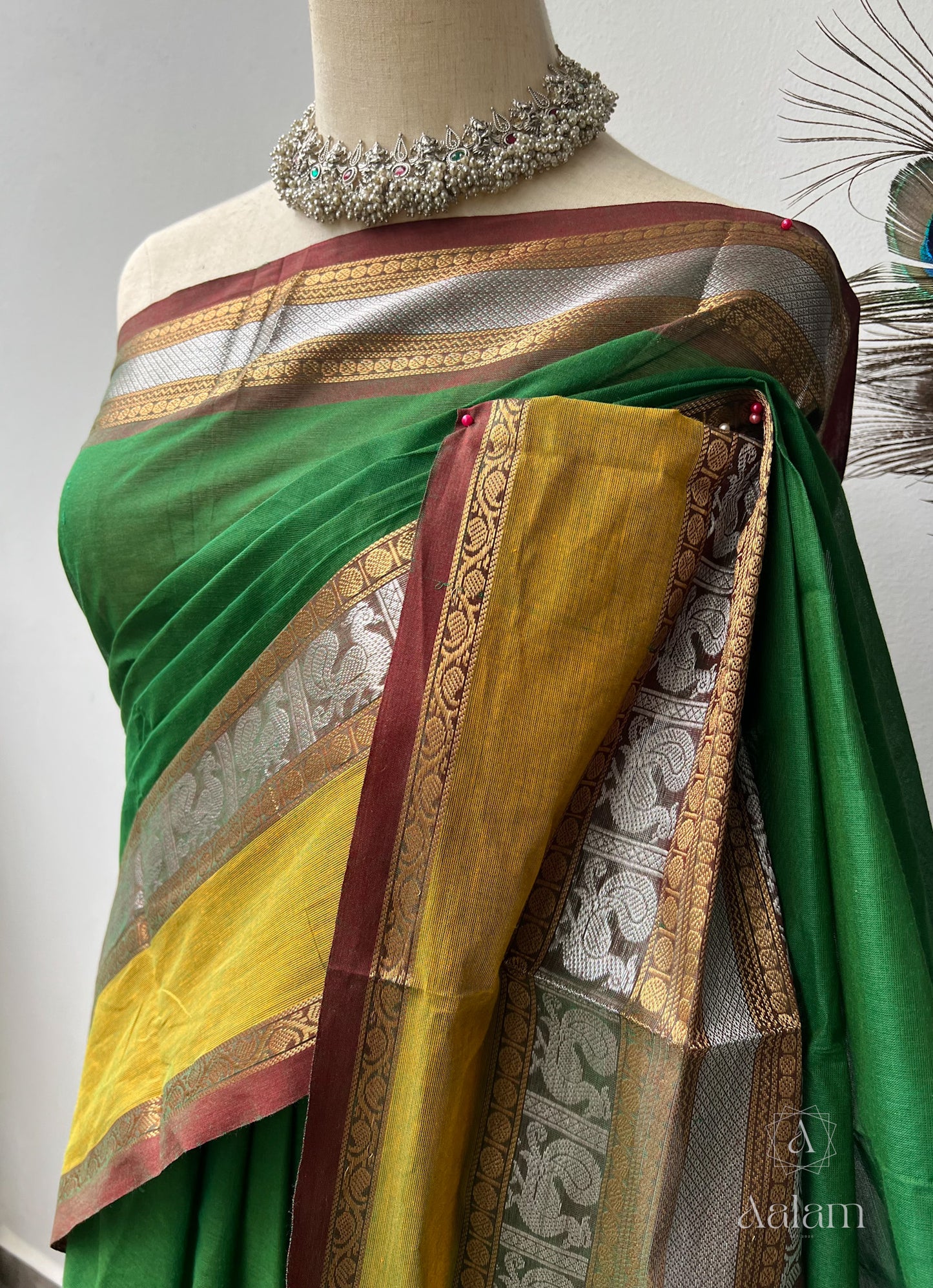 Kanchi Cotton Saree - Green with Silver Zari