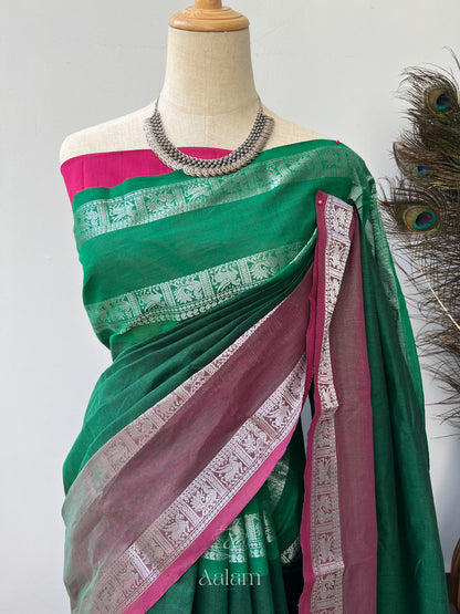 Cotton Saree - Bottle Green & Pink with Silver Zari