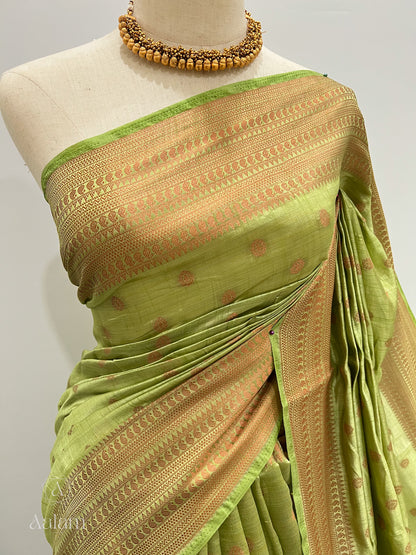 Soft Dupion Silk Copper Zari - Light Green