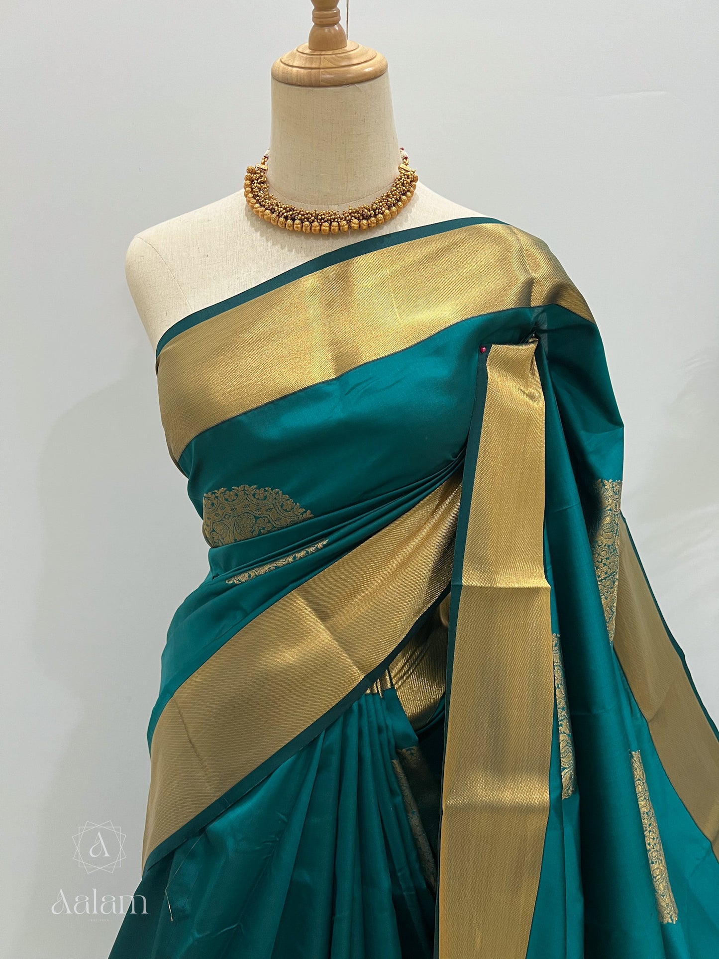 Soft Silk Gold Zari Mandala Saree - Teal