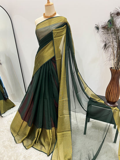 Chiffon Saree with Gold Border - Emerald Green