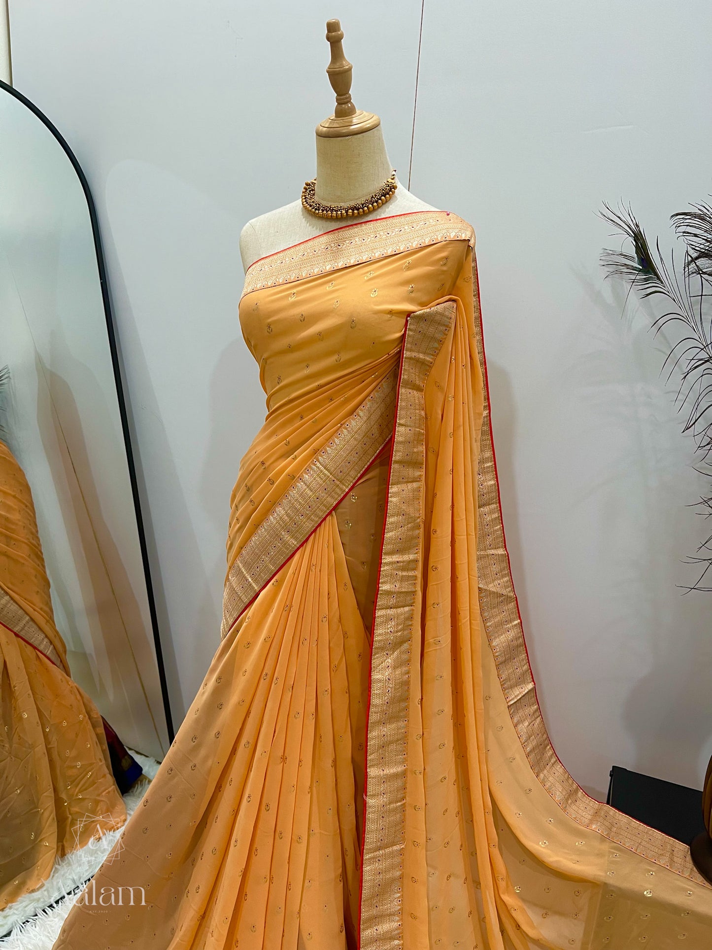 Georgette Foil Print Saree - Pale Orange with tint of Red