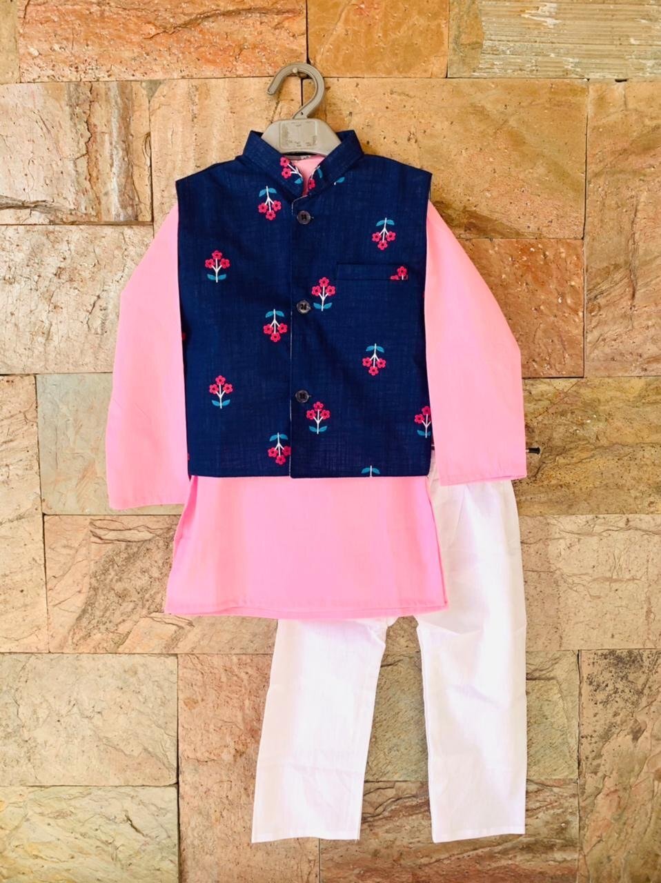 Kurta Pyjama Vest Set in Blue & Baby Pink