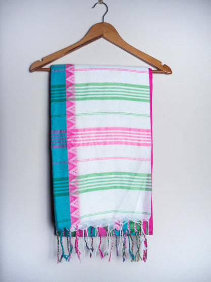 Handloom Mercerized Cotton Saree – White & Pink-Green